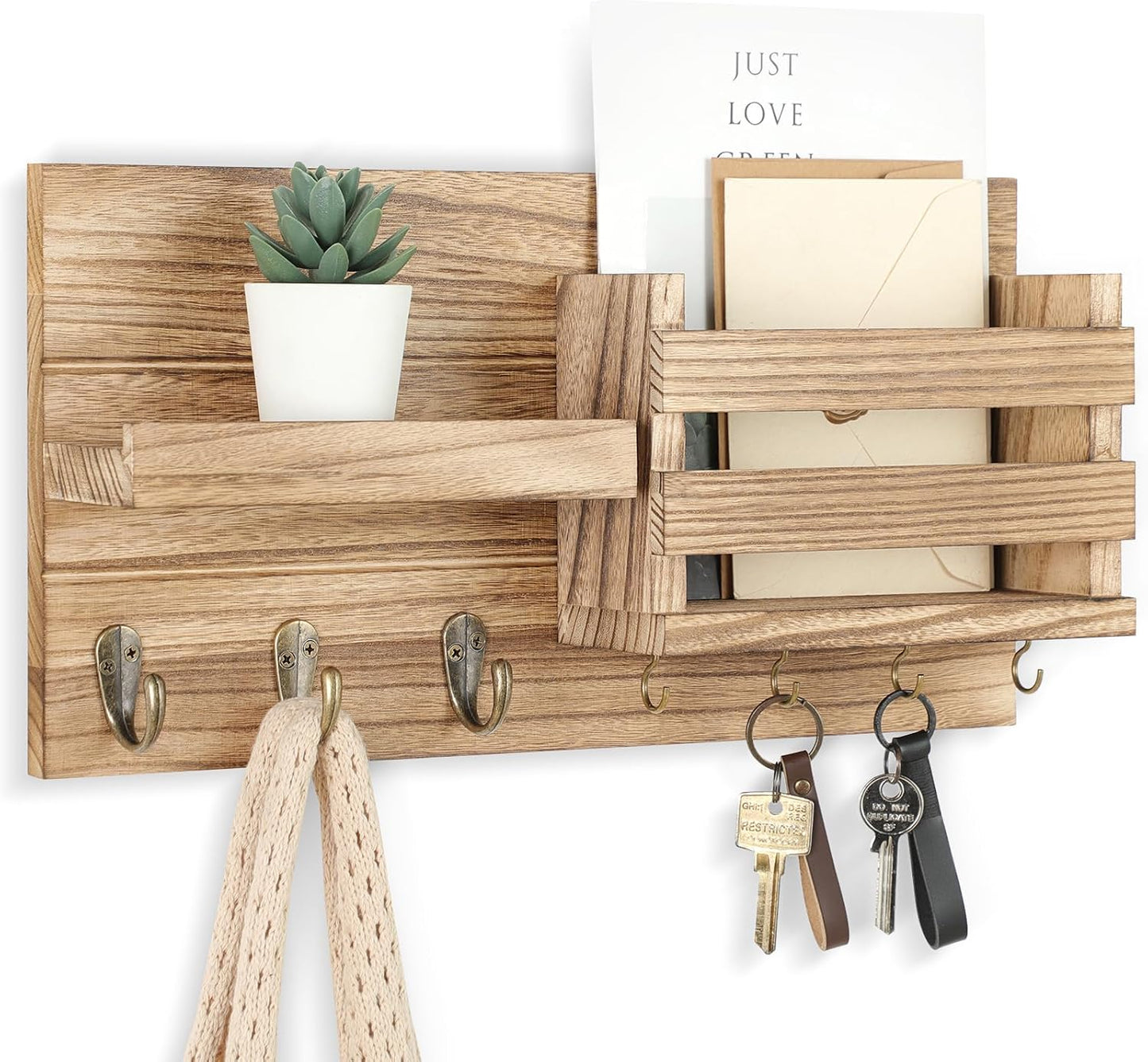 Lwenki Mail Organizer for Wall Mount – Key Holder with Shelf Includes Letter Holder and Hooks for Coats, Dog Leashes – Rustic Wood with Flush Mounting Hardware (16.5” x 8.7” x 3.5”)