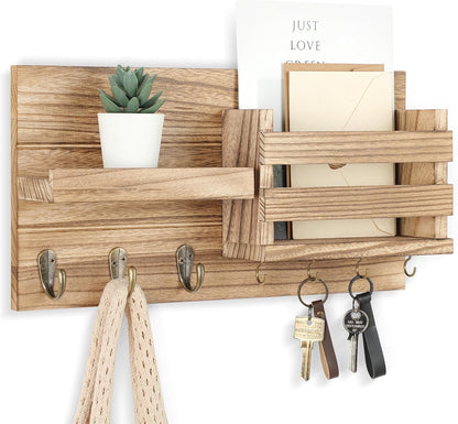 Lwenki Mail Organizer for Wall Mount – Key Holder with Shelf Includes Letter Holder and Hooks for Coats, Dog Leashes – Rustic Wood with Flush Mounting Hardware (16.5” x 8.7” x 3.5”)
