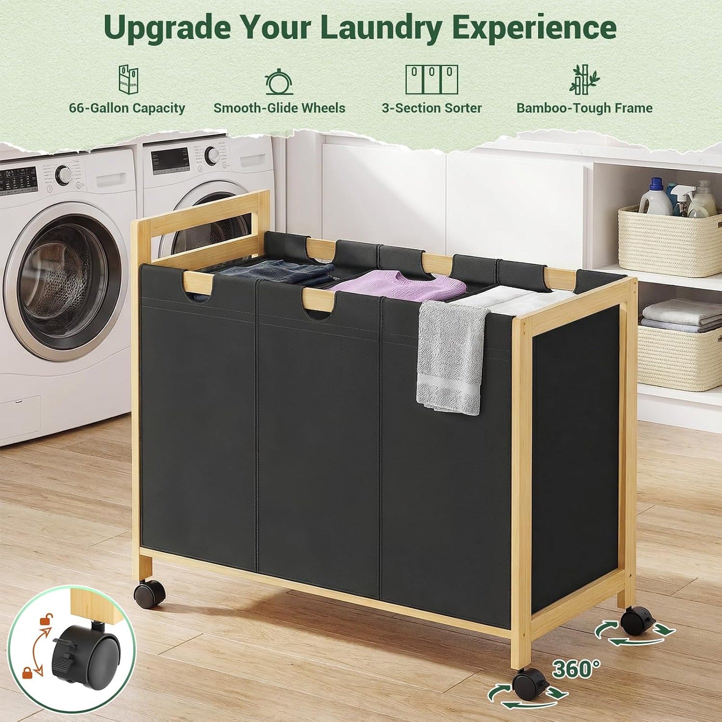 250L Laundry Sorter with Wheels, 3-Section Laundry Hamper, Black | 66 Gal Large Laundry Cart with Removable Bags, Rolling Laundry Basket, Water-Resistant, Bamboo Frame, Laundry Room Organizer
