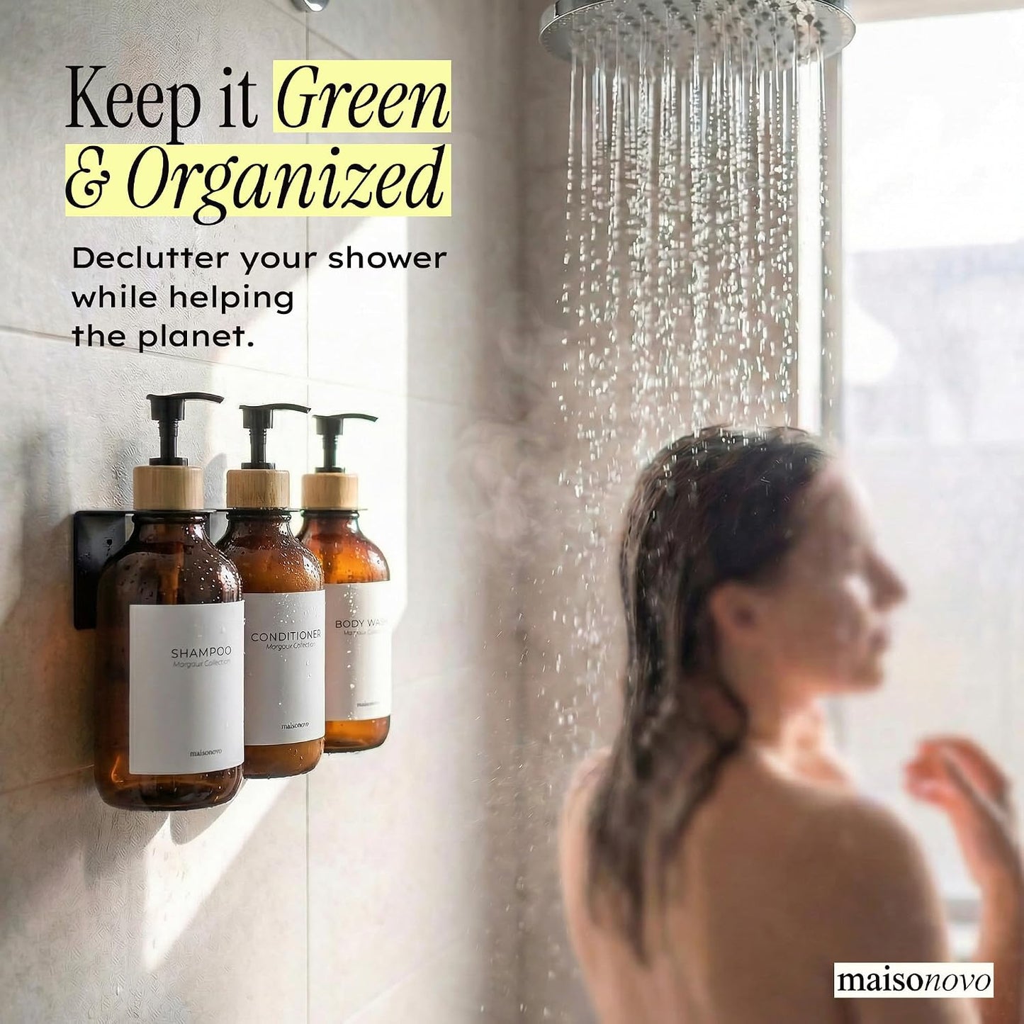 MaisoNovo Shampoo and Conditioner Dispenser|Refillable Black Set of 3 | 500 ml Shower Gel Dispenser Set of 3. Refillable Shampoo and Conditioner Bottles. Drill Free Secure Design. Black