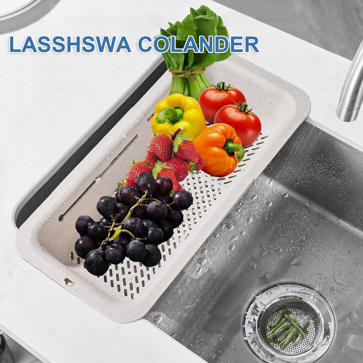 LASSHSWA Collapsible Colander for Kitchen, Over the Sink Strainer Basket for Kitchen, Fruit Pasta Food Strainer Expandable Plastic Colander BPA Free (Black)