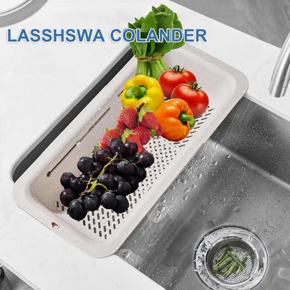 LASSHSWA Collapsible Colander for Kitchen, Over the Sink Strainer Basket for Kitchen, Fruit Pasta Food Strainer Expandable Plastic Colander BPA Free (Black)