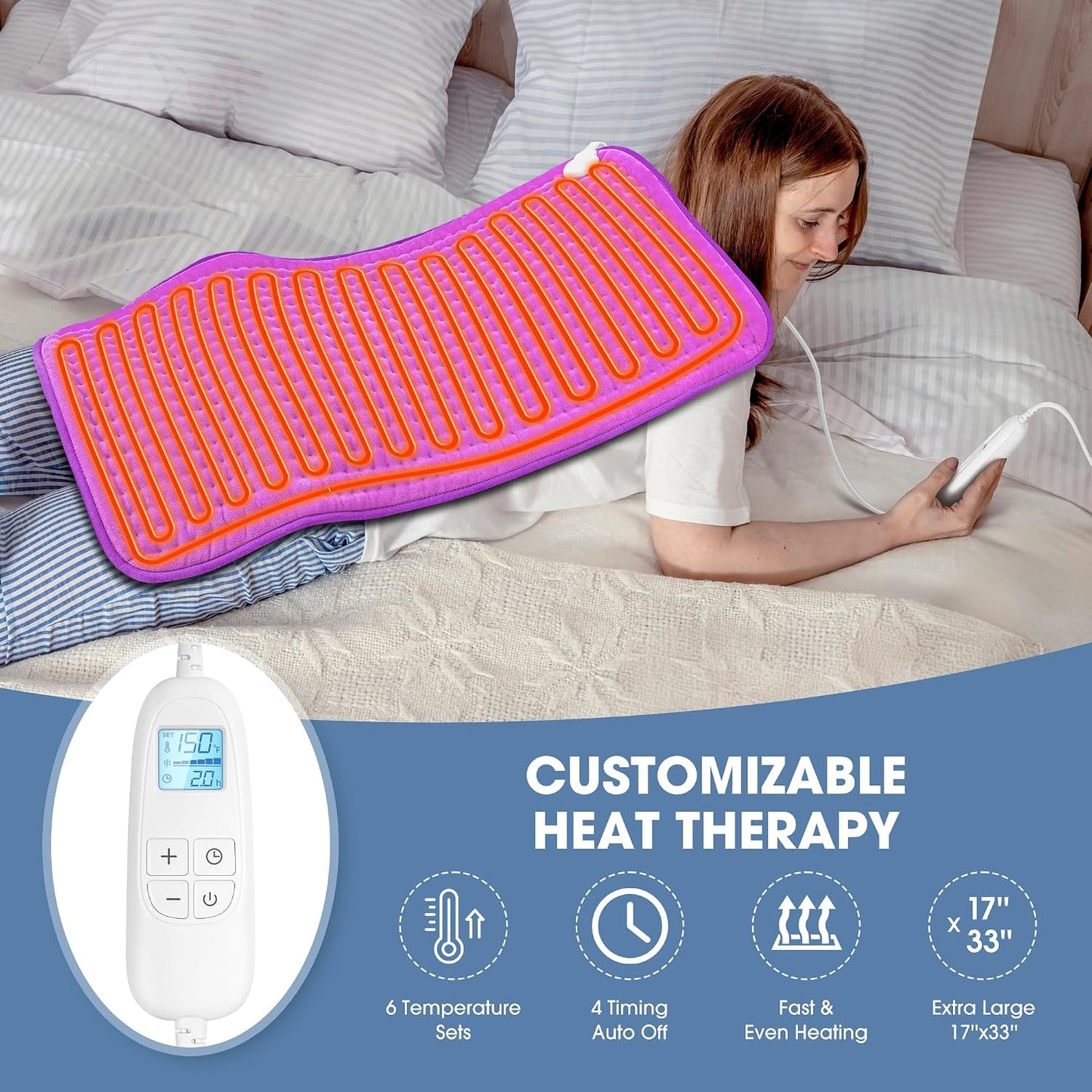 FluffyWarmth Electric Heating Pad for Back, Extra Large 17"x33", Ultra Soft | XXXL for Full Body, Period Cramps, Neck Shoulder Back Pain Relief, 6 Heat Settings 4 Timers Heating Pad, Gifts for Women Men