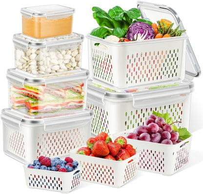 TBMax Fruit Storage Containers for Fridge Organizers and Storage, 4 Pack Large Produce Saver with Airtight Lid & Colander for Berry Lettuce Salad Vegetable Storage, Refrigerator Organizers