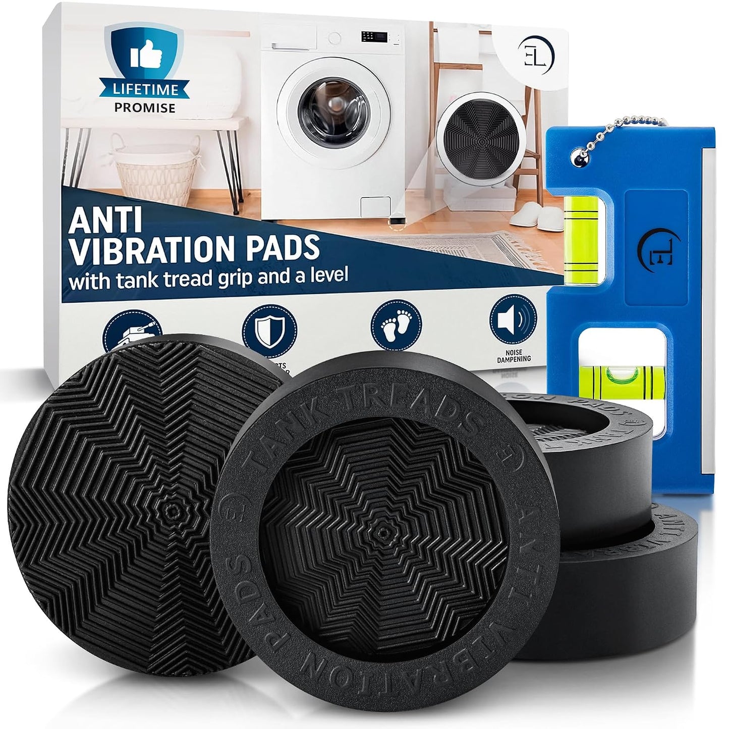 Anti Vibration Pads for Washing Machine with Tank Tread Grip™ XL | 4 Pack + Level | Stops Washer Dryer from Moving, Protects Floor | Rubber Antivibration Feet Stabilizer for Leveling Washer Machine