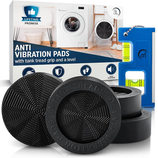 Anti Vibration Pads for Washing Machine with Tank Tread Grip™ XL | 4 Pack + Level | Stops Washer Dryer from Moving, Protects Floor | Rubber Antivibration Feet Stabilizer for Leveling Washer Machine