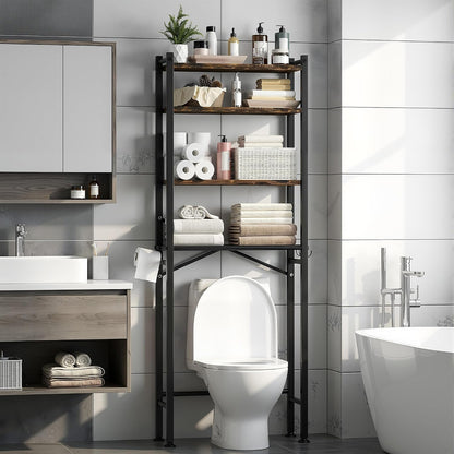 GloTika 3-Tier Over Toilet Storage, Anti-Tilt, 64" H, Black | Anti-Tilt Safety System, 150lb Capacity, Carbon Steel, Freestanding, No Drilling, Anti-Rust Coating, Paper Holder & 4 Hooks