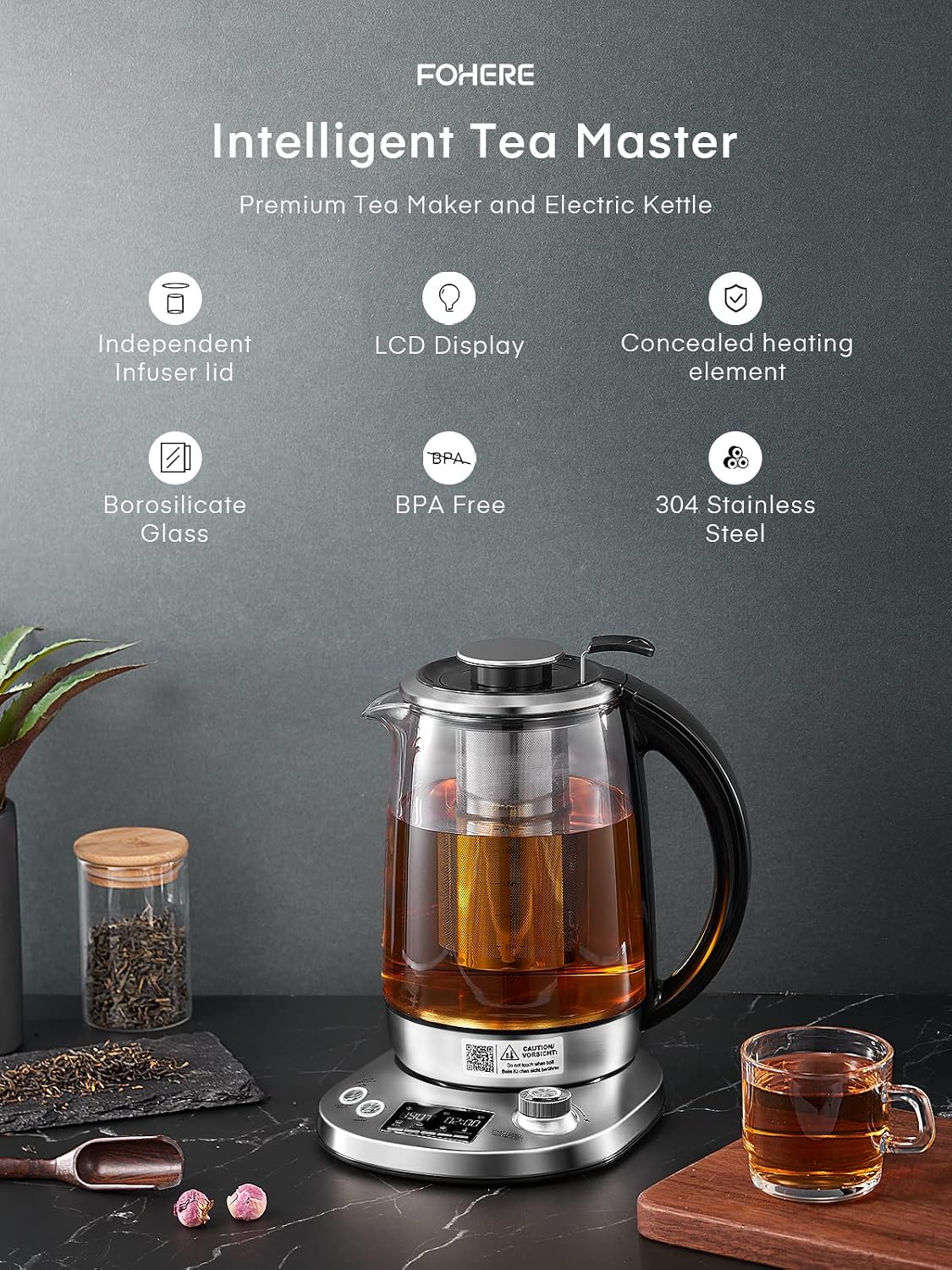 Electric Tea Kettle, 9 Temperature Control Presets Glass Kettle, 1200W Tea Pot with Removable Infuser, 2 Hours Keep Warm, 1.7 Liter Electric Kettles, Borosilicate Glass & Stainless Steel
