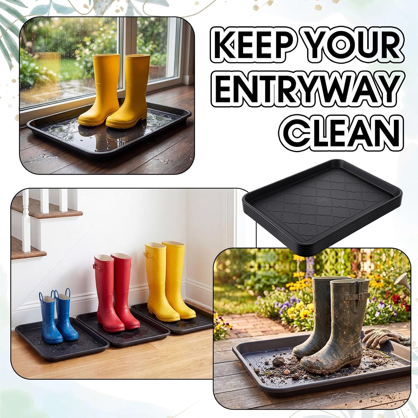 Novabright 6 Pcs Boot Tray with 24 Pcs Anti-Slip Pads Waterproof Boot Mat Wet Shoe Tray & Pet Food Mat, Multi-Purpose Garden Tool for Entryway Indoor Boots Shoes Pets(14 x 11 Inch)