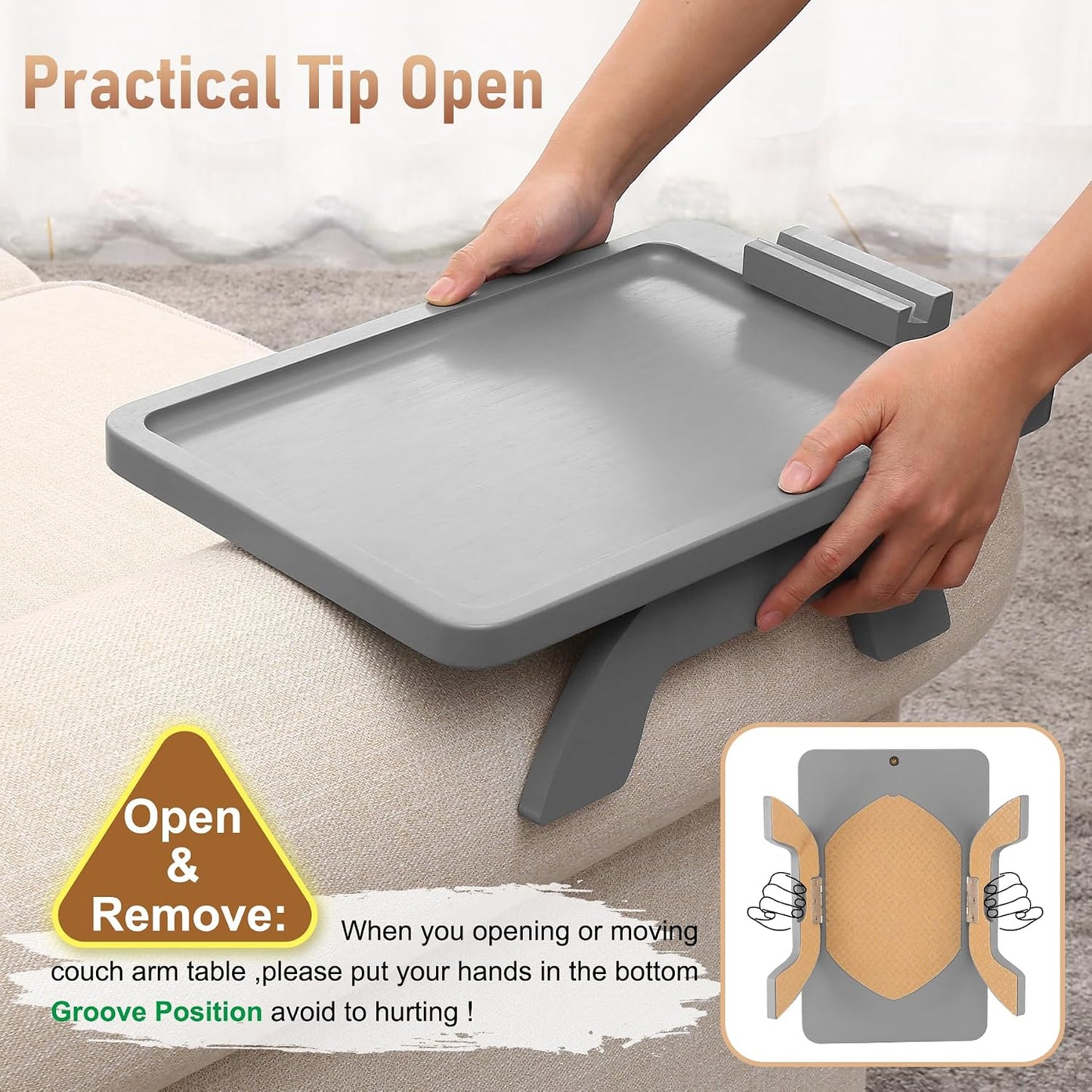 Couch Arm Tray,Bamboo Sofa Clip on Side Table,Foldable Couch Armrest Table with 360°Rotating Phone Holder,Anti Slip Food Trays for Eating/Drinks/Snacks/Remotes 15.35" x 9.85"
