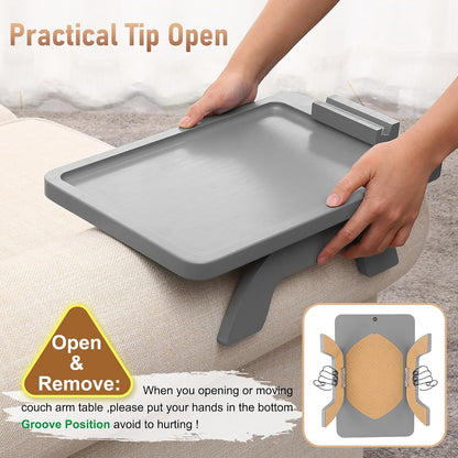 Couch Arm Tray,Bamboo Sofa Clip on Side Table,Foldable Couch Armrest Table with 360°Rotating Phone Holder,Anti Slip Food Trays for Eating/Drinks/Snacks/Remotes 15.35" x 9.85"