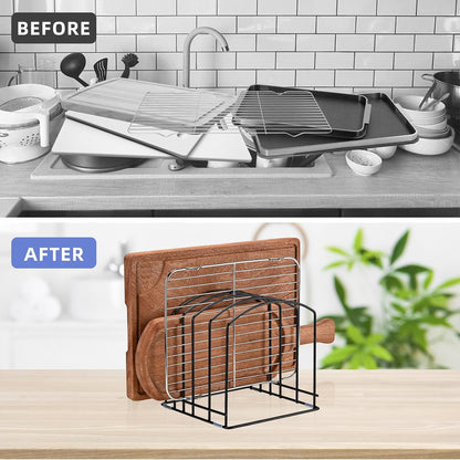 Cutting Board Organizer, Matte Black | Heavy Duty Rack, 2 Extra Wide (1.38") & 3 Narrow (0.78") Slots