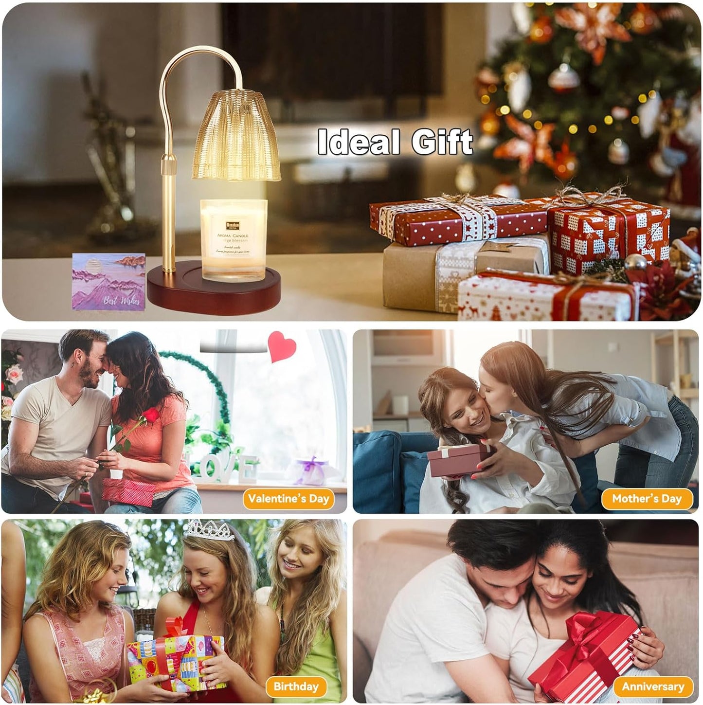 Candle Warmer Lamp with 3 Bulbs, Adjustable Height Dimmable Candle Warmer with Timer, Candle Lamp with Charming Gift Box Ribbon,Birthday Gifts for Women Mom, House Warming Gifts New Home Decor
