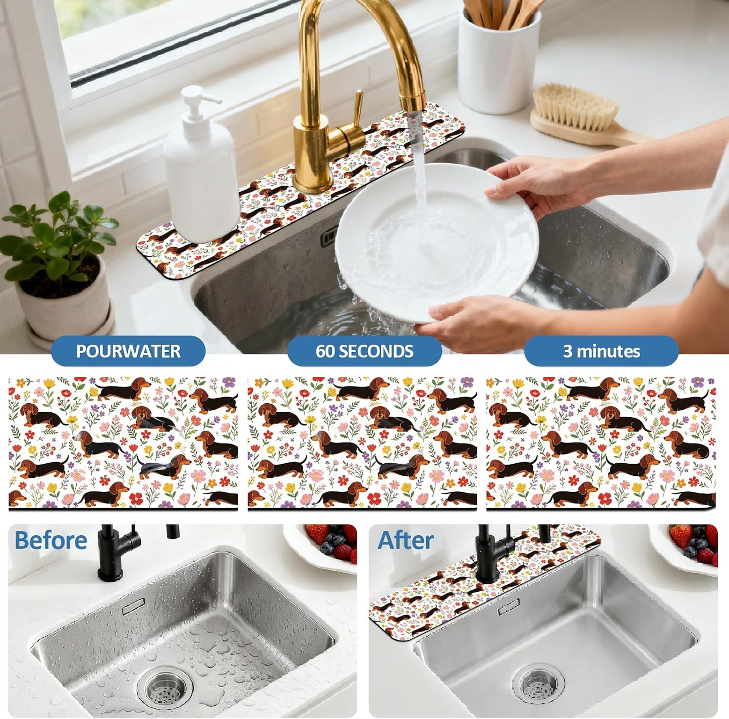 2Pcs Peonies Kitchen Sink Splash Guard Faucet Mat Vintage Florals Faucet Mat For Bathroom Kitchen 5.5x23.6In