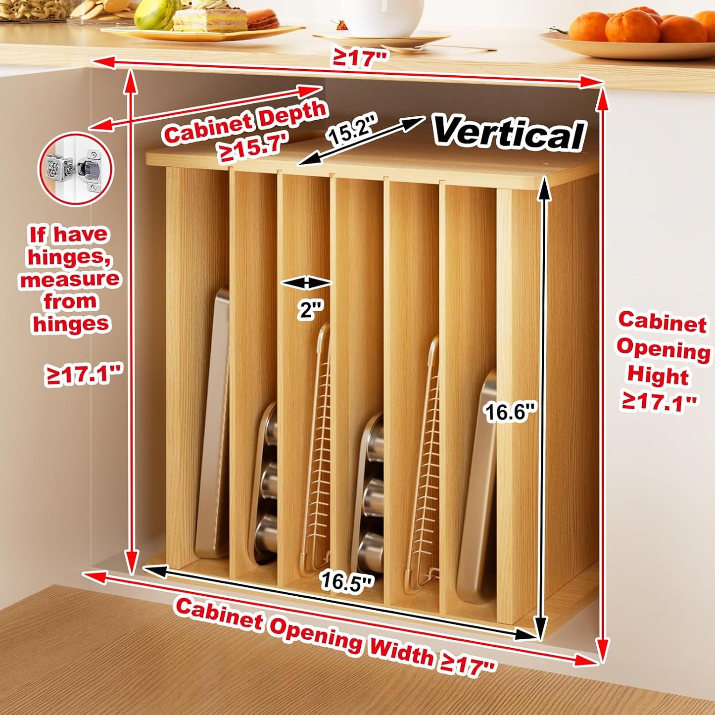 7 Tier Wooden Tray Dividers for Cabinets Cookie Sheet Organizer for Pot, Pans, Baking Tray Organizer for Kitchen Documents Storage(20" W x 16.5" H x 15.2" D)