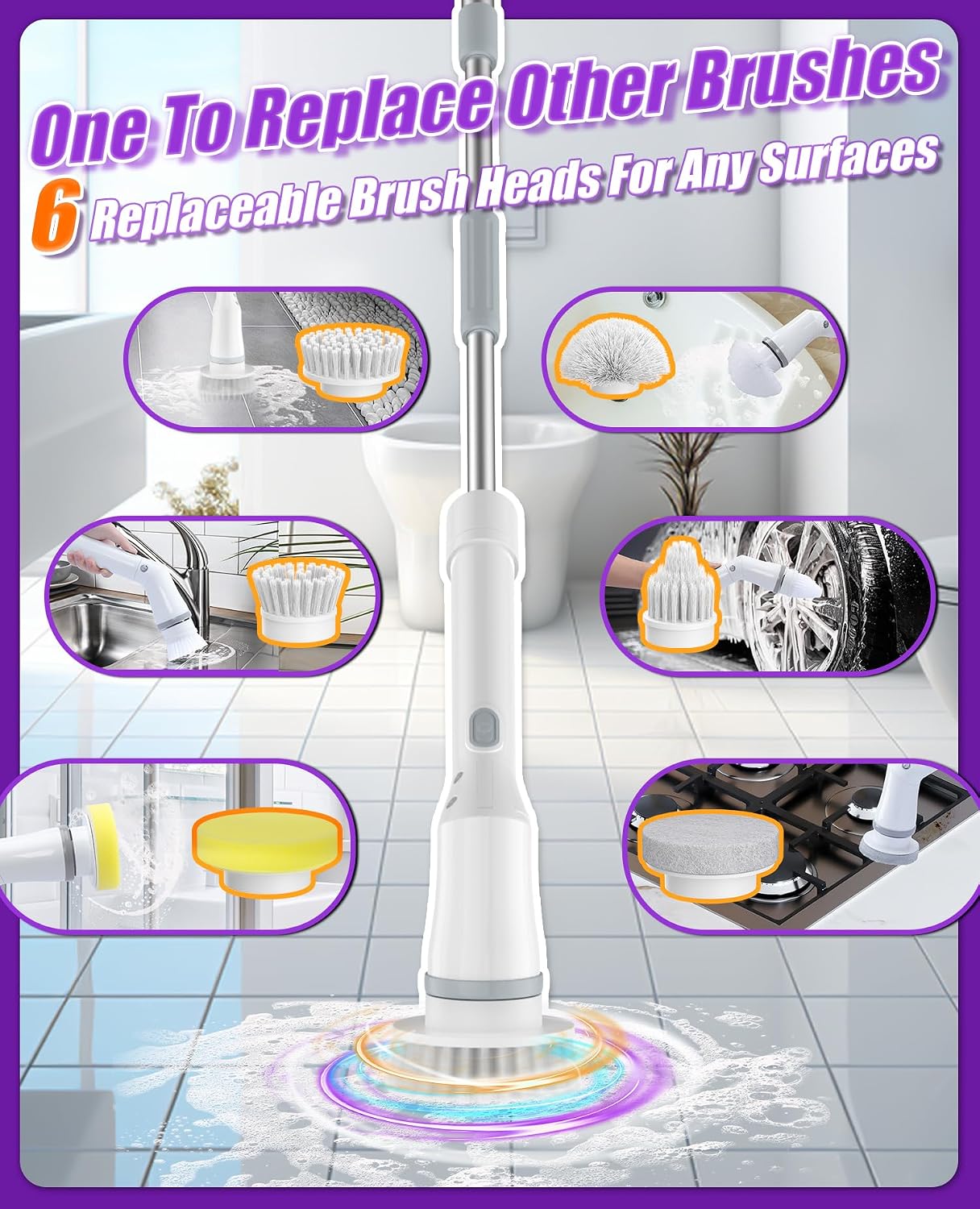 Cordless Electric Spin Scrubber, 8-in-1 Bathroom Cleaner | Bathroom scrubber, LED display, dual speeds, IPX7 waterproof, interchangeable heads for grout, tub, shower, wet-dry vacuum
