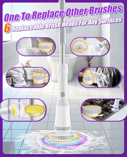 Cordless Electric Spin Scrubber, 8-in-1 Bathroom Cleaner | Bathroom scrubber, LED display, dual speeds, IPX7 waterproof, interchangeable heads for grout, tub, shower, wet-dry vacuum