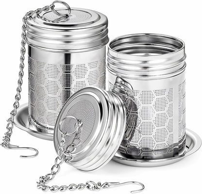 2 Pack Tea Infusers For Loose Tea, 304 Stainless Steel, 2 Inch | Fine Mesh Filter, Threaded Lid, Chain Hook, Drip Trays, Fits Most Mugs And Teapots, Dishwasher Safe