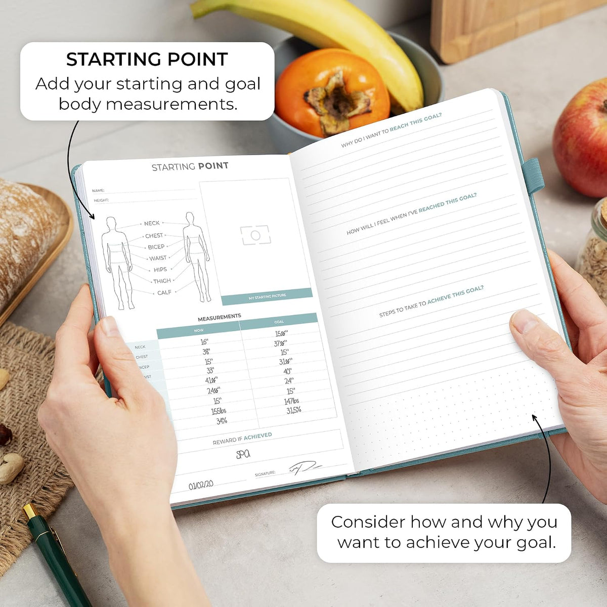 Clever Fox Food Journal for Women & Men, Weight Loss Tracker, Aquamarine