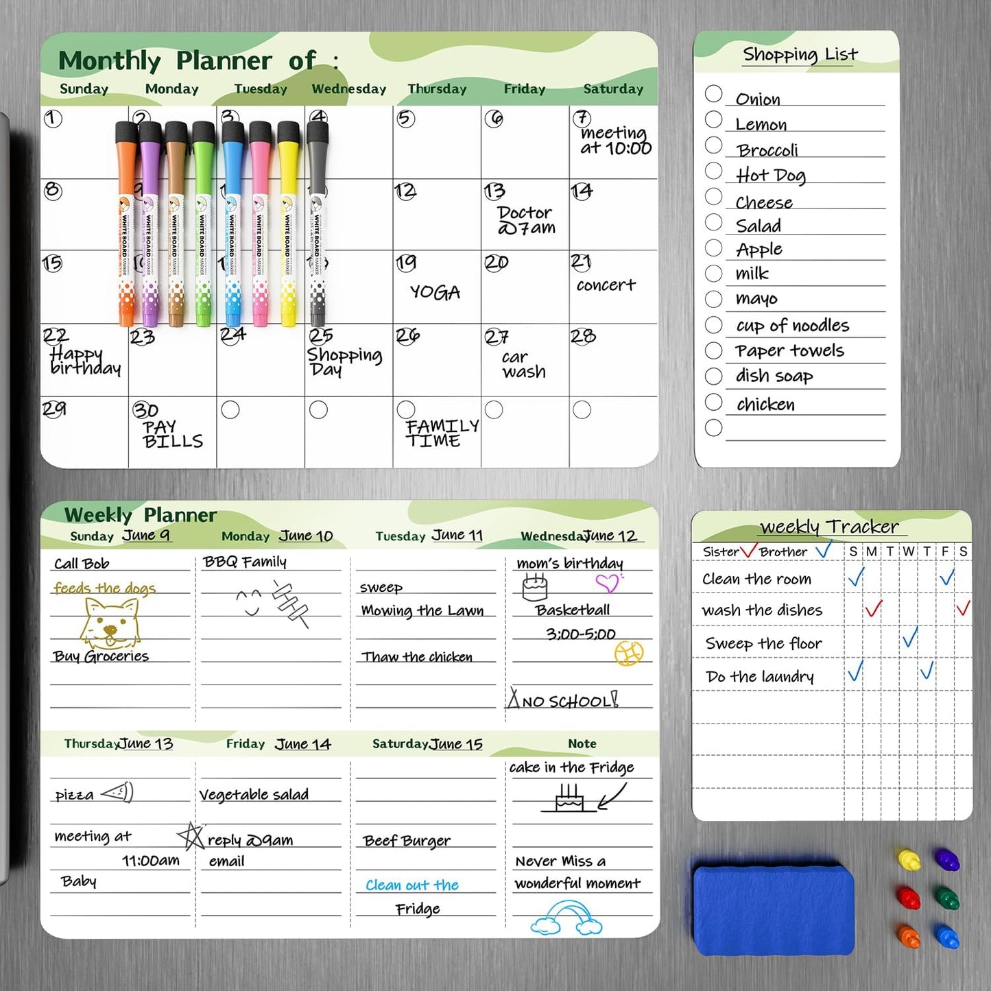 Refrigerator Calendar Magnetic, 16.3x11.7” (4-Pack) – Weekly & Monthly Planner, Chore Chart, Grocery/to-Do List for Fridge, Includes 8 Markers, 6 Magnets & 1 Eraser for Kitchen, Yellow