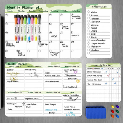 Refrigerator Calendar Magnetic, 16.3x11.7” (4-Pack) – Weekly & Monthly Planner, Chore Chart, Grocery/to-Do List for Fridge, Includes 8 Markers, 6 Magnets & 1 Eraser for Kitchen, Yellow