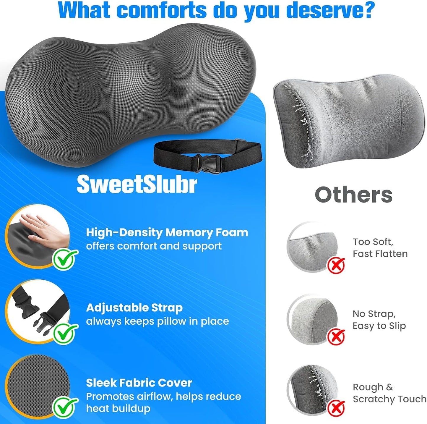 SweetSlubr Lumbar Support Pillow for Office Chair, Back Support, Black | Memory Foam with Breathable Cover. Adjustable Strap Fits Office, Gaming & Car Chairs for Everyday Comfort.