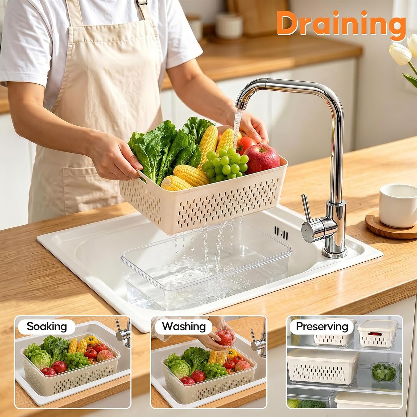 Fruit Storage Containers for Fridge, 4 Pack Plastic Food Storage Container | Fruit Containers Set with Removable Colander, Produce Saver Keep Berry Fruits Vegetables Meet Fresh Longer, Dishwasher Safe