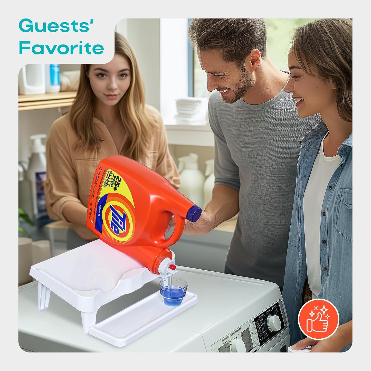 Skywin Laundry Detergent Holder Shelf for Laundry Room - 1 Pack - White | Holds 2 Bottles, Easy Pouring, Rubber Feet, Angled Stand, Fabric Softener Dispenser for Laundry Room Organization & Storage