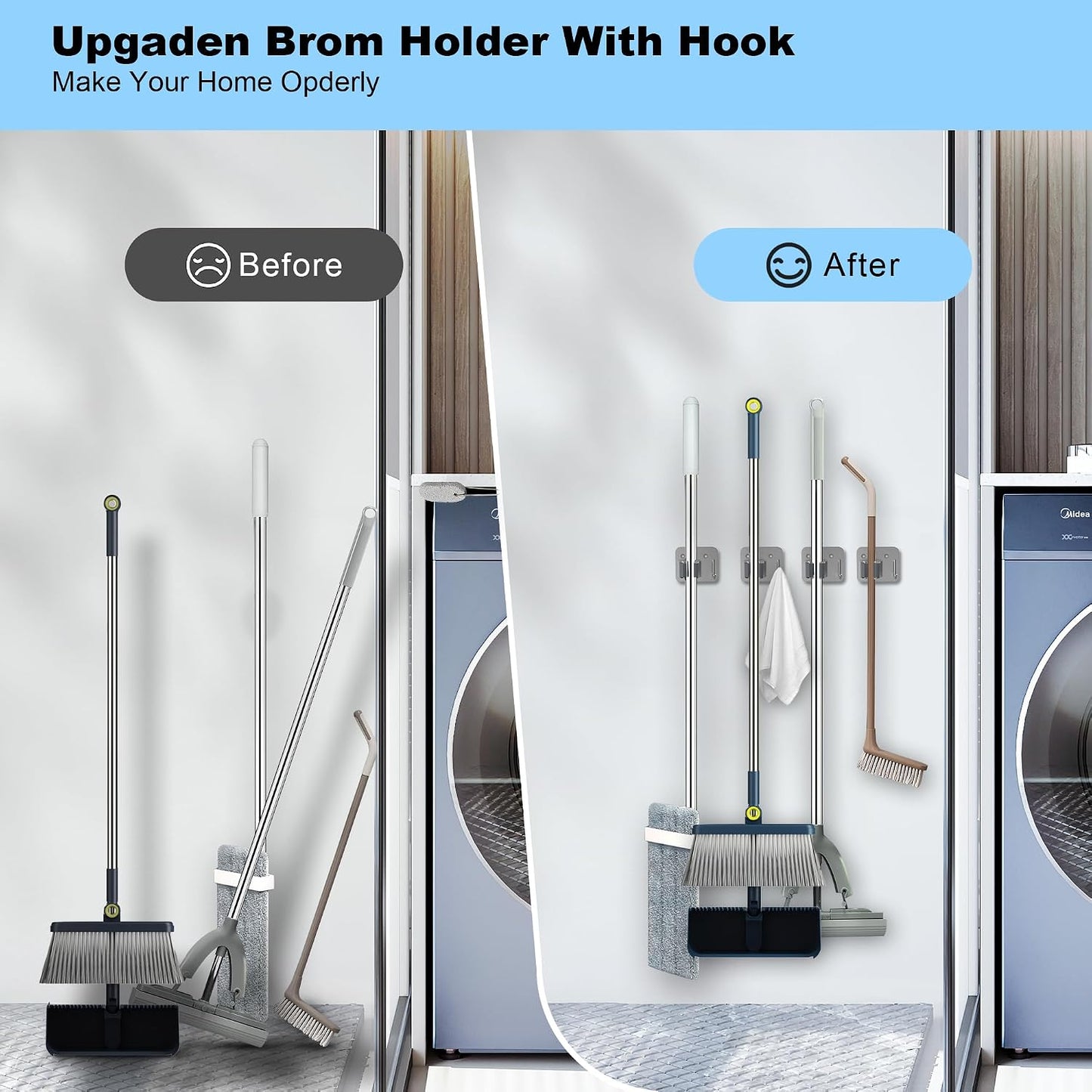 4 Pack Stainless Steel Mop and Broom Holder Wall Mount with Hook, Silver | Screw Drilling or Self Adhesive Storage Rack for Closet Laundry Garage Garden Tool Organizer