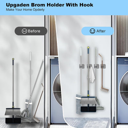 4 Pack Stainless Steel Mop and Broom Holder Wall Mount with Hook, Silver | Screw Drilling or Self Adhesive Storage Rack for Closet Laundry Garage Garden Tool Organizer