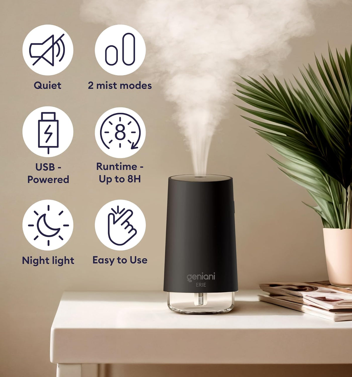 GENIANI Cool Mist Air Humidifiers for Bedroom, Plants, and Large Rooms - Quiet Humidifiers for Baby Room with Auto Shut Off & Night Light (3.9L, White)