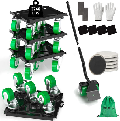 Heavy Duty Furniture Dolly 360 Rotate 5 Wheels 3000 Lbs Capacity 5.3x5.3 in | Furniture Movers with Green Wheels, Measure Tape & Leveler, Alloy Steel Furniture Lifter Tool for Smooth Home & Office Uses