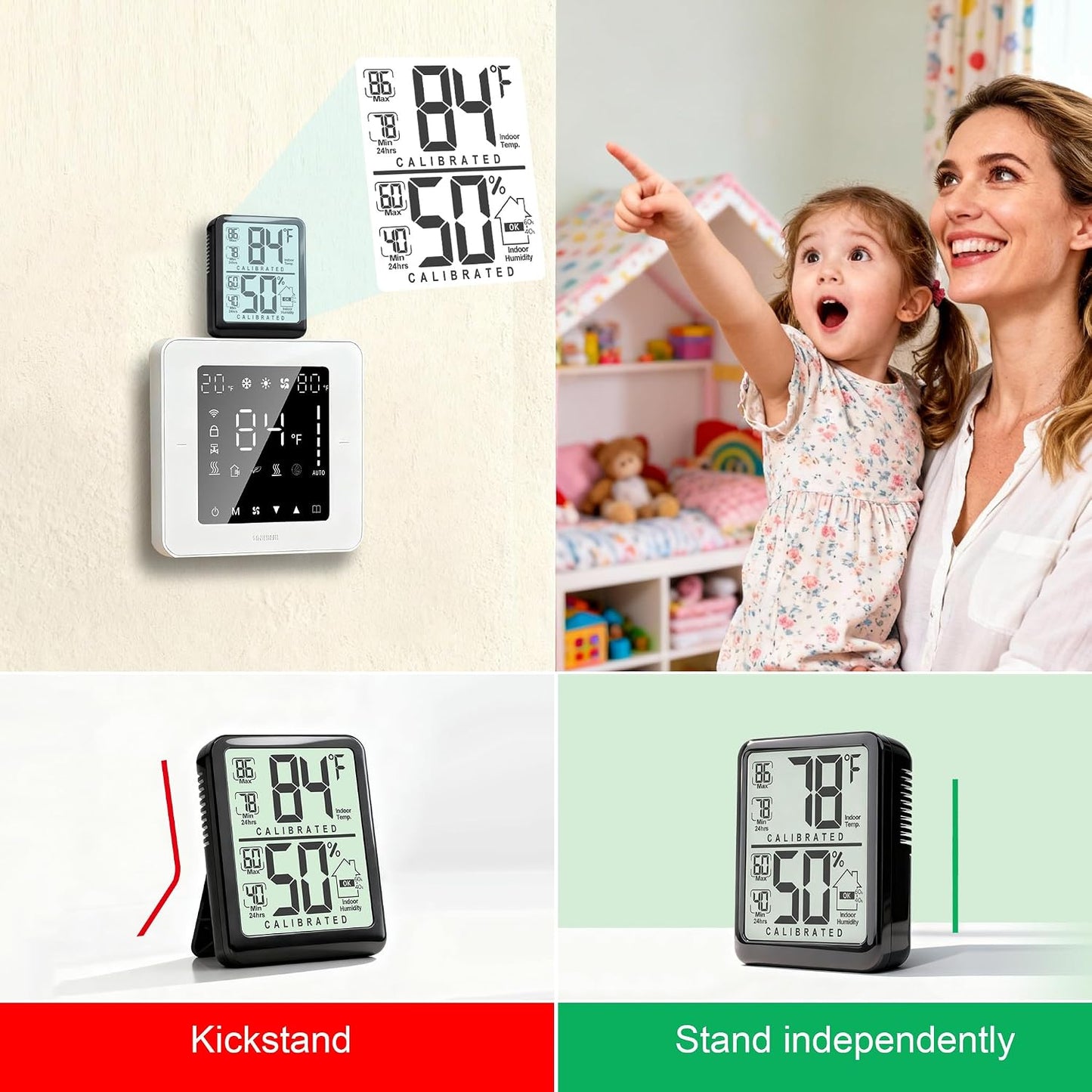 2 Pack Room Thermometer Indoor Hygrometer with Max/Min Record | W/ Battery, 24h Max/Min Record, Accurate Sensor, Fast Refresh, Easy to View, ℉/℃, Durable Kickstand, Compact, for Home Office