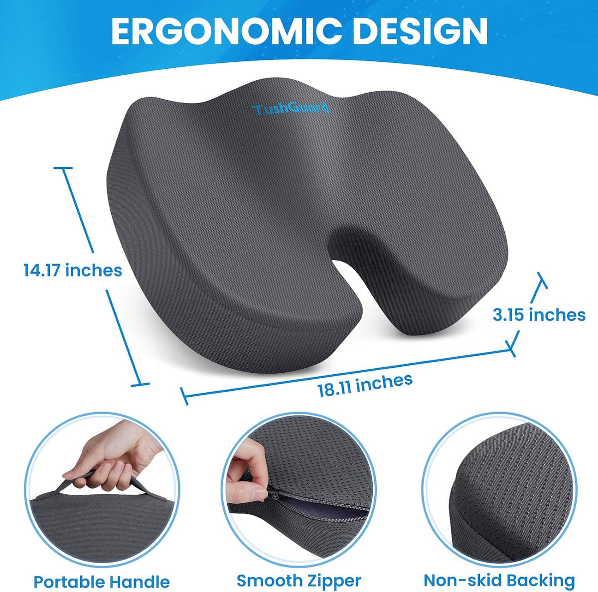 TushGuard Seat Cushion for Office Chair, Memory Foam Chair Cushion, Black