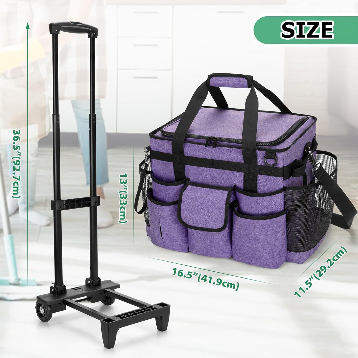 LoDrid Rolling Cleaning Caddy with Lid and Detachable Trolley, Black | Cleaning Supplies Organizer, Cleaning Caddy Cart on Wheels with Handle and Shoulder Strap for Housekeepers