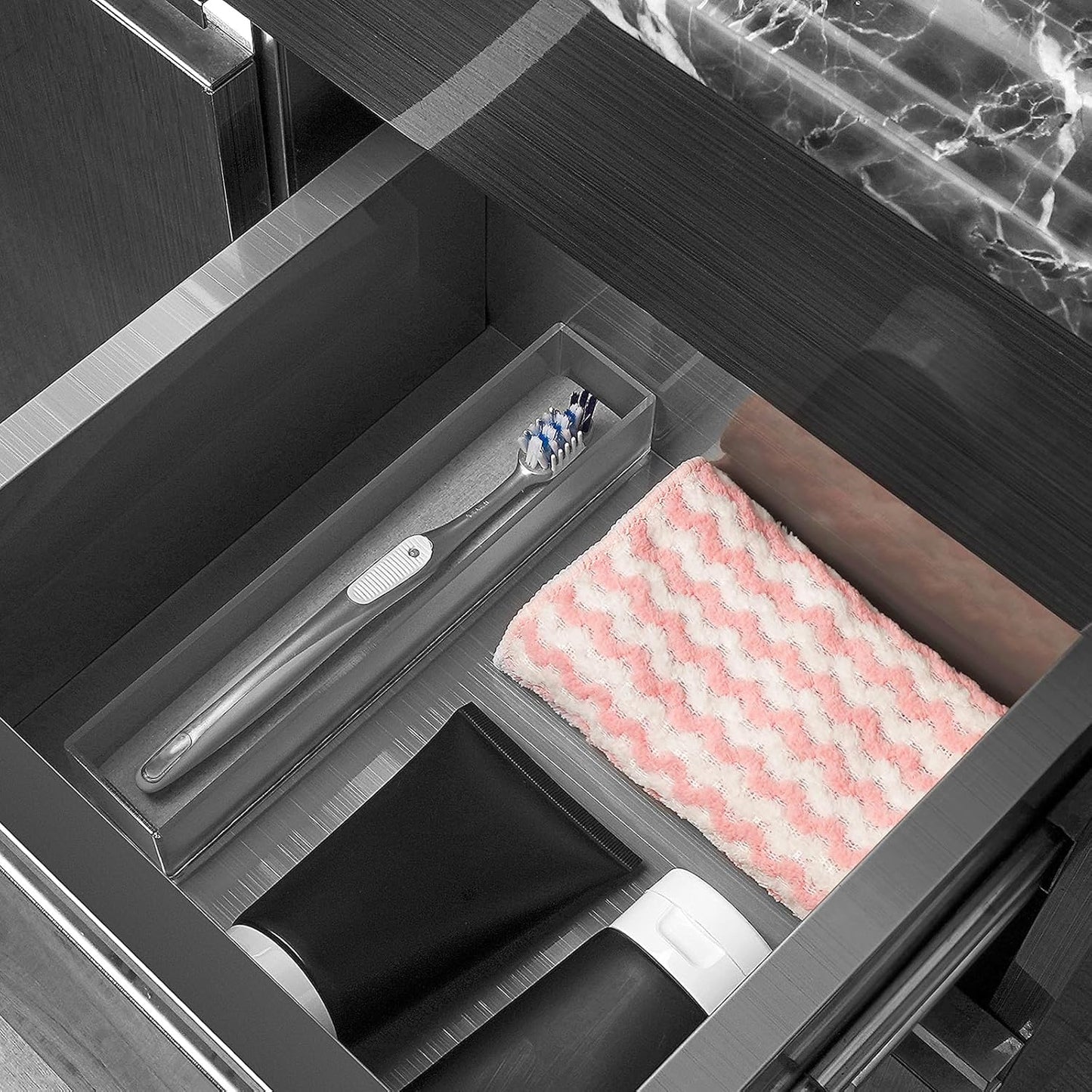 Linkidea Acrylic Toothbrush Holder with Drainage Hole, Bathroom Drawer Organizer with Drying Diatomite Stone, Compatible with Colgate Extra Clean, Oral-B CrossAction Toothbrush