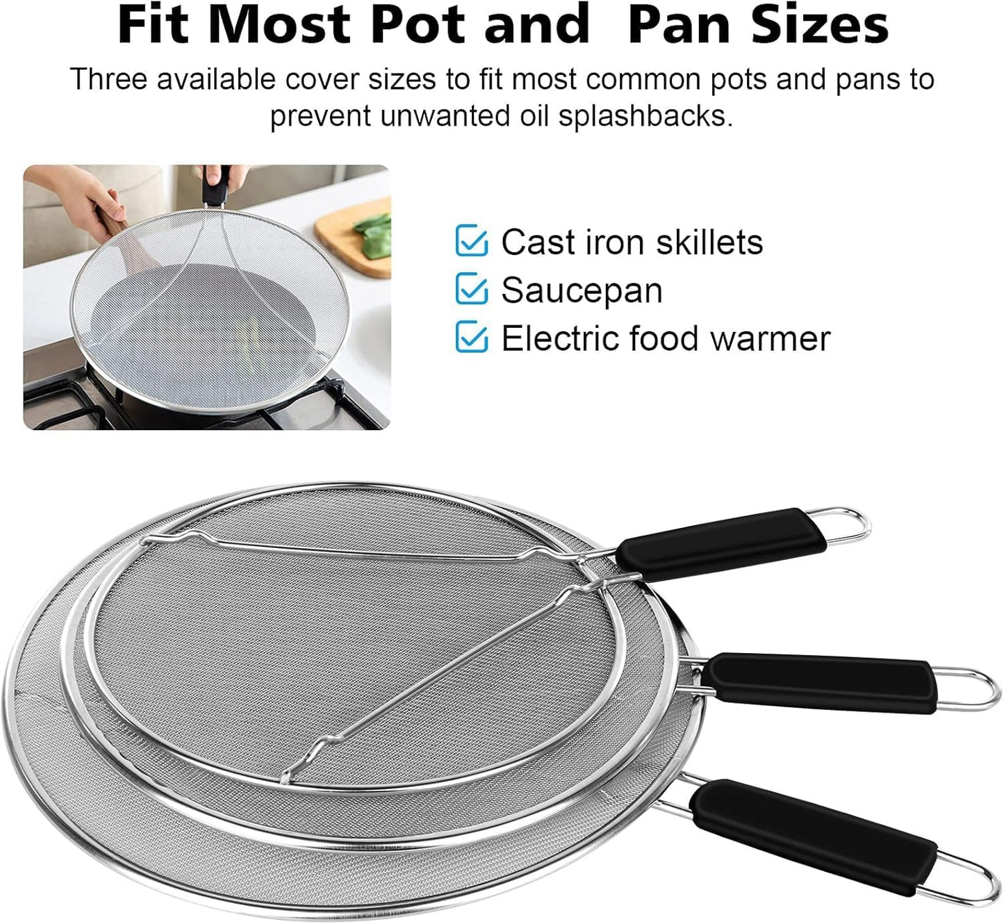 Splatter Screen for Frying Pan,Silicone Grease Splatter Guard, Heat-Resistant Splatter Guards for Cooking,Dishwasher Safe (9.8", 11.4", 13")
