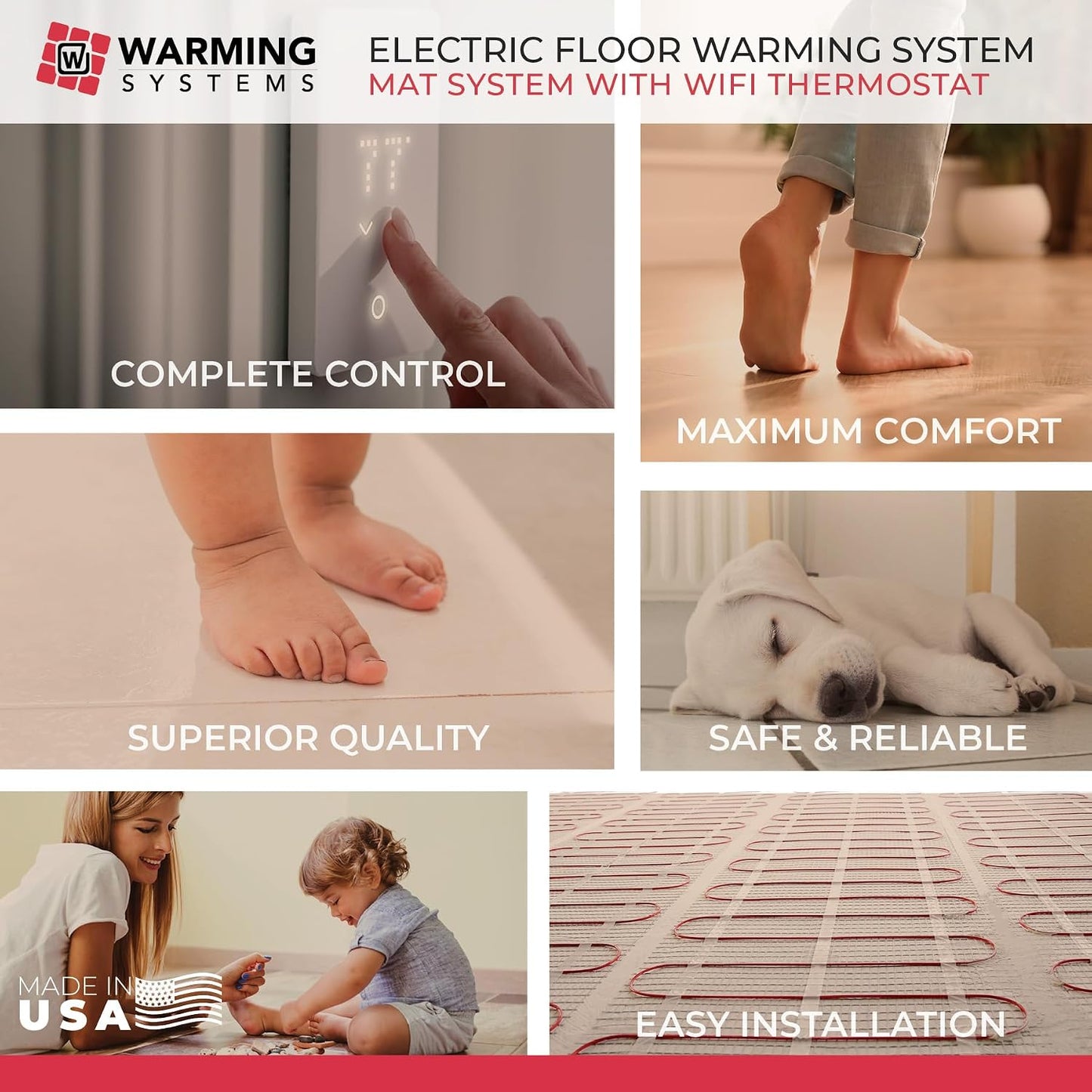 15 Sq Ft 120V Electric Floor Heating System Mat Kit | Premium UDG4-4999 touchscreen thermostat with built-in GFCI, Heating mat, floor sensor & installation monitor included.
