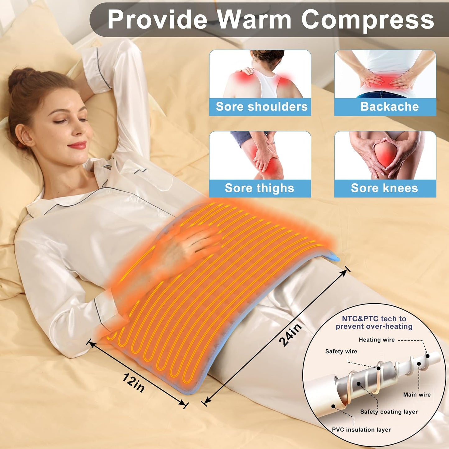Heating Pad Electric Heat Pad, Hot Heated Pad,Multiple Temp and Timer Settings,Suitable for Shoulders, Neck, arms, Abdomen, Back, Legs, etc. (Gray Green, 24"X12")