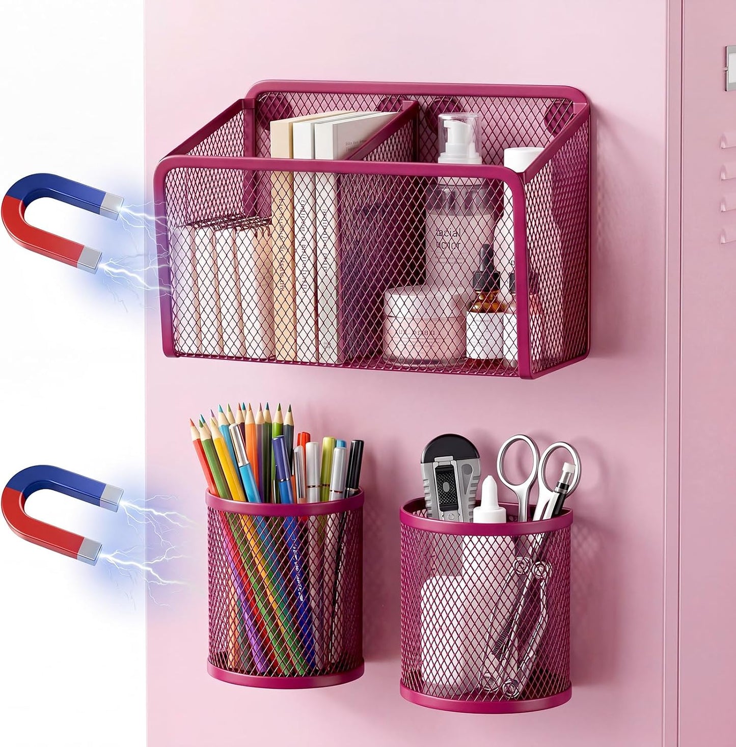 3 Pcs Magnetic Locker Accessories Mesh Metal Pen Holder,Sage Green | Strong Magnets Magnetic Pencil Holder, Mesh Metal Marker Storage Basket Organizer, for Locker Whiteboard Fridge School Office