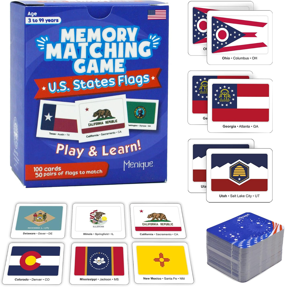 Menique Flags of the World Memory Matching Game – 100 Cards, 50 Countries & Capitals – World Flags Flash Cards for Kids & Adults – Color-Coded by Continent