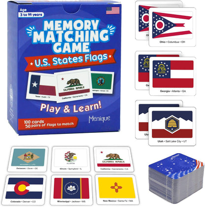 Menique Flags of the World Memory Matching Game – 100 Cards, 50 Countries & Capitals – World Flags Flash Cards for Kids & Adults – Color-Coded by Continent