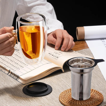 Baalaka Tea Infuser Mug, 16 fl oz Double-Wall Glass for Loose Leaf Tea | Fine 18/8 stainless steel filter and lid brew loose leaf, herbal or blooming teas; double-wall glass reduces heat transfer
