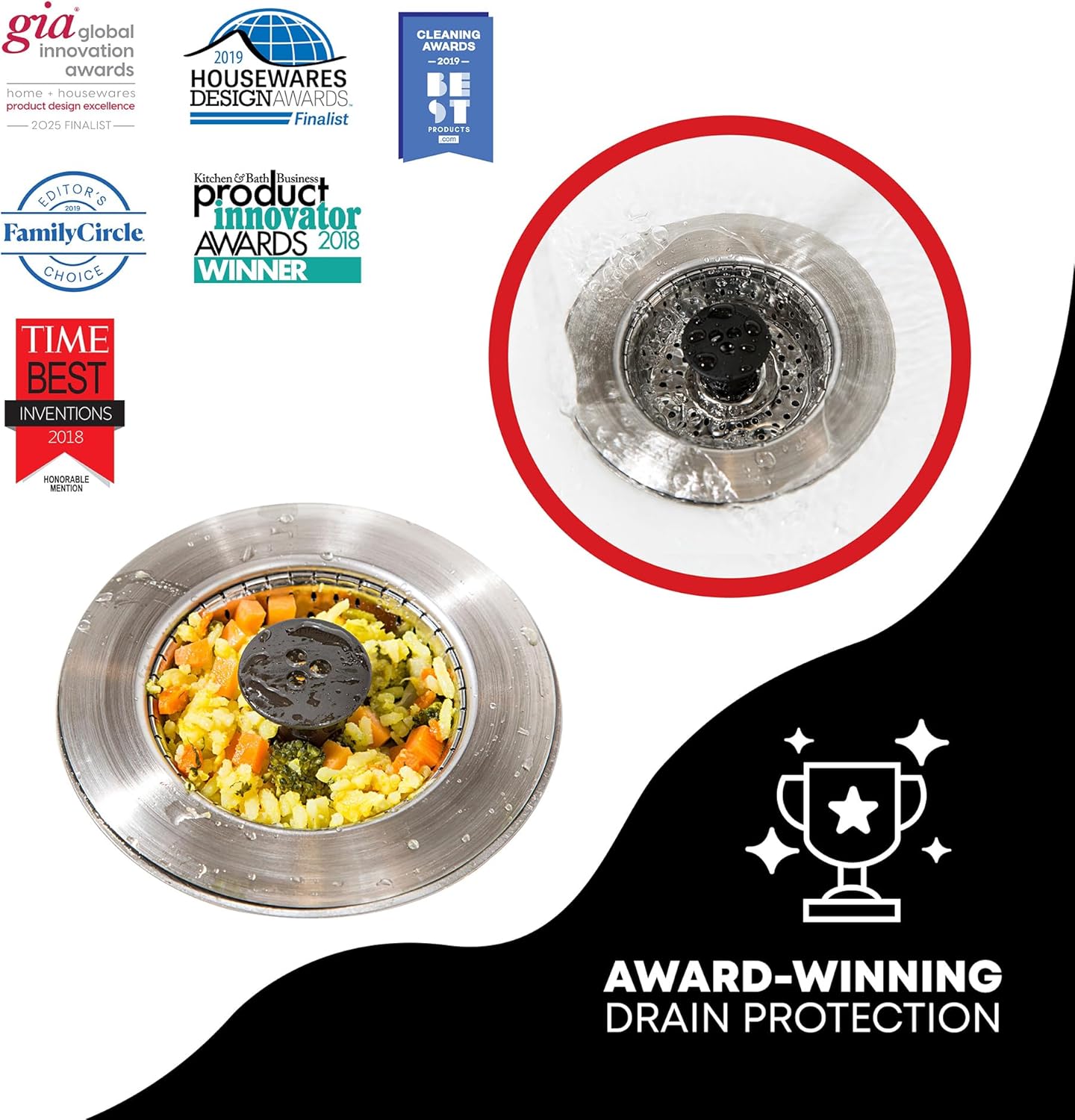 Kitchen SinkShroom Revolutionary Clog-Free Stainless Steel Sink Strainer, Black, 1-(Pack)