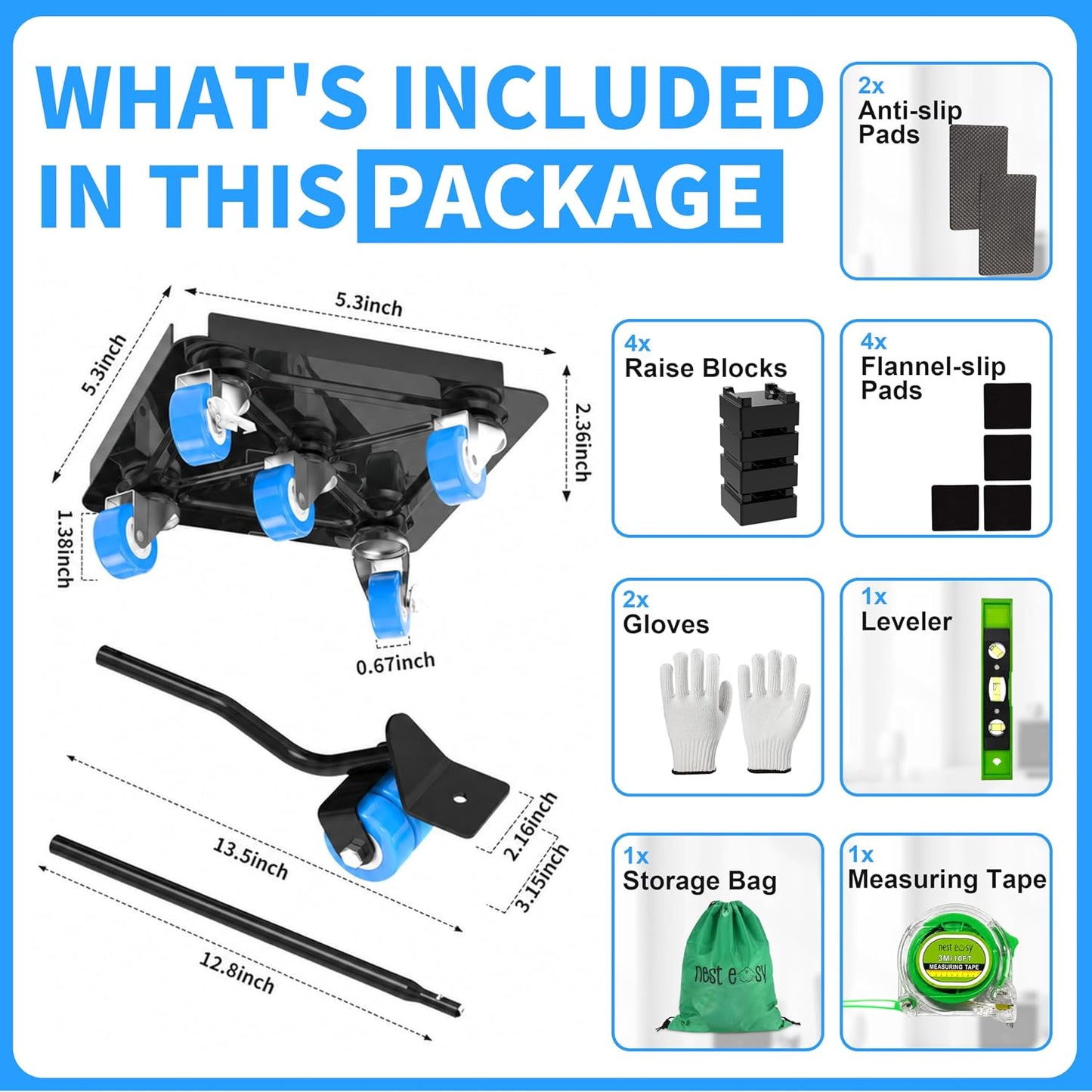 Heavy Duty Furniture Dolly 360 Rotate 5 Wheels 3000 Lbs Capacity 5.3x5.3 in | Furniture Movers with Green Wheels, Measure Tape & Leveler, Alloy Steel Furniture Lifter Tool for Smooth Home & Office Uses