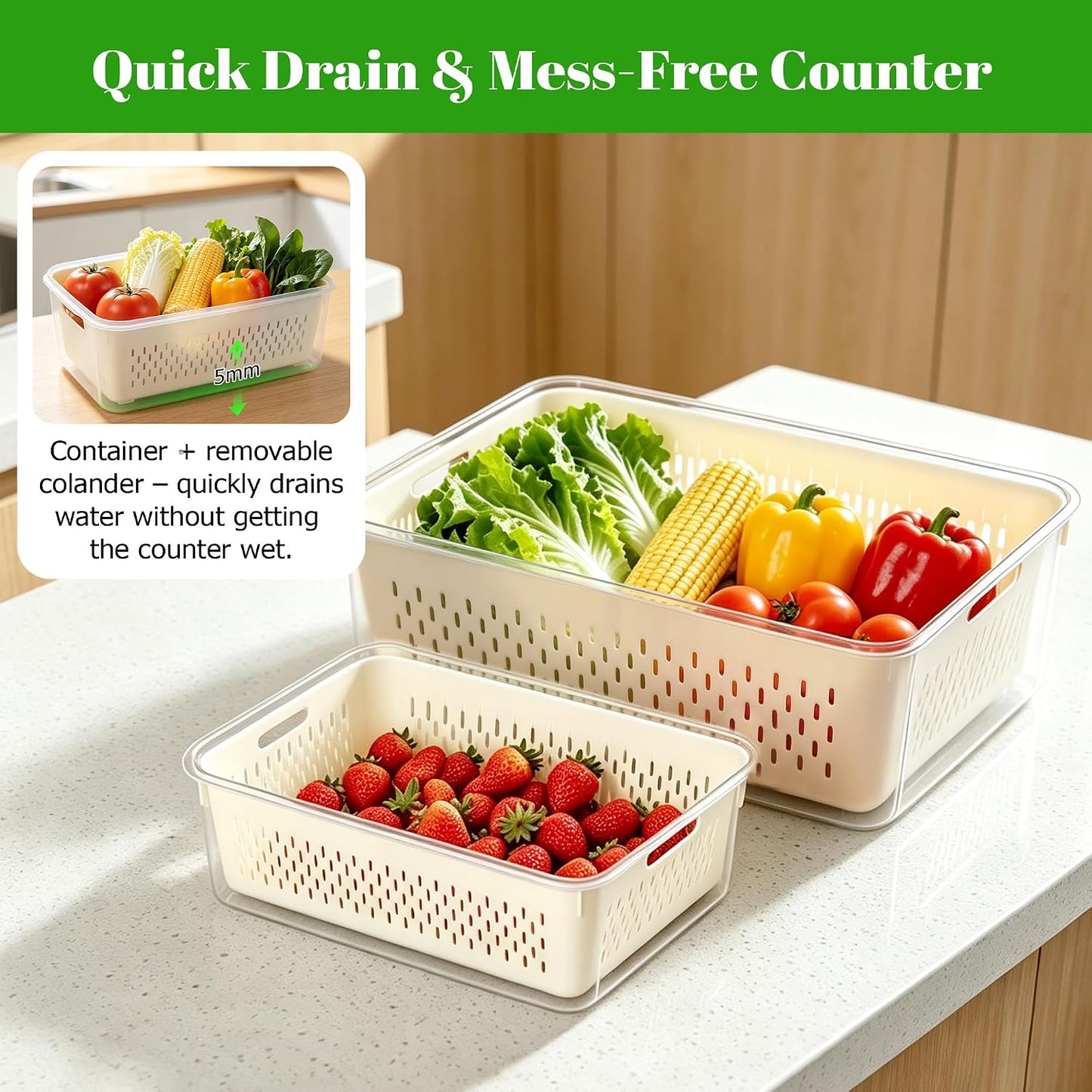 KUK 4 Pack Fruit Storage Containers for Fridge, Leakproof Food Containers with Removable Colander, Fruit Containers for Fridge BPA Free Produce Containers Keep Vegetables Berry Meat Fresh Longer