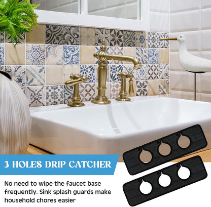 Teenyyou 2 Pcs Faucet Mat for Kitchen Sink Splash Guard for Kitchen Sink Faucet Dish Drying Mat for Bathroom Sponge Holder(Dark Gray,3 Round Holes)