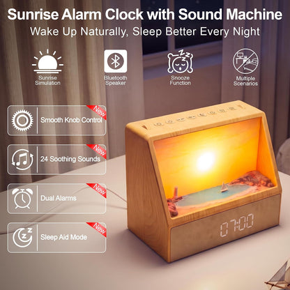 2026 Upgraded Sunset Alarm Clock，Knob Brightness & Volume Control | Sunrise Alarm Clock with 24 Soothing Sounds, Dual Alarms, Built-in Bluetooth for School，Bedroom, Sleeping, Adults & Teens