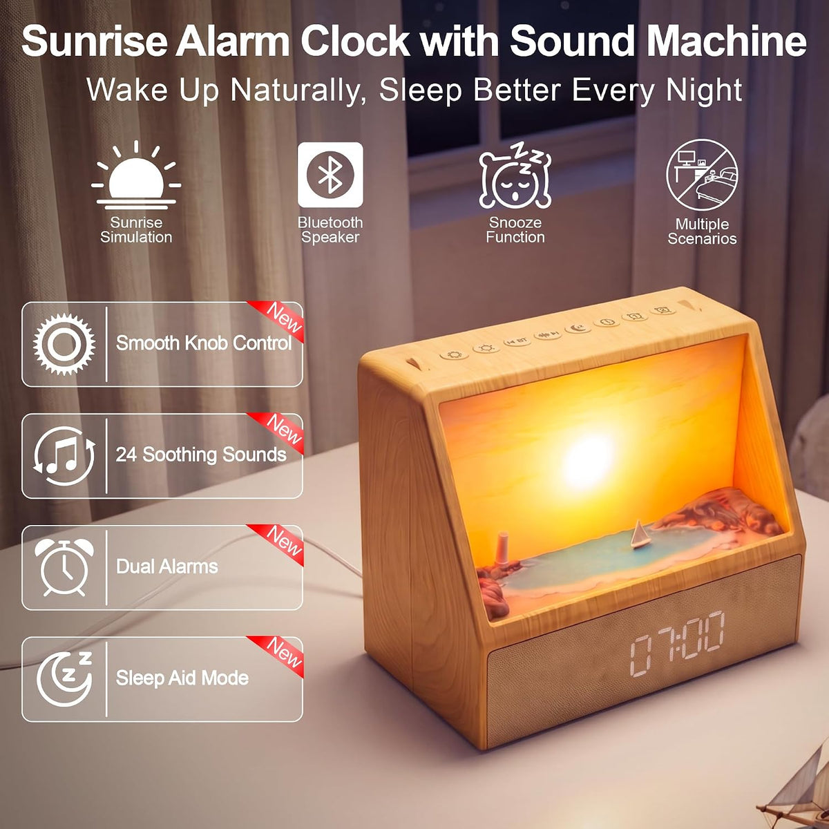 2026 Upgraded Sunset Alarm Clock，Knob Brightness & Volume Control