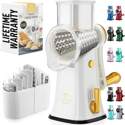Zulay Kitchen Rotary Cheese Grater 5 Blade Cheese Shredder - Manual Hand Crank Cheese Grater With Reinforced Suction & 5 Interchangeable Drums - Easy to Use, Vegetable Chopper Round Mandoline Slicer - Colors B